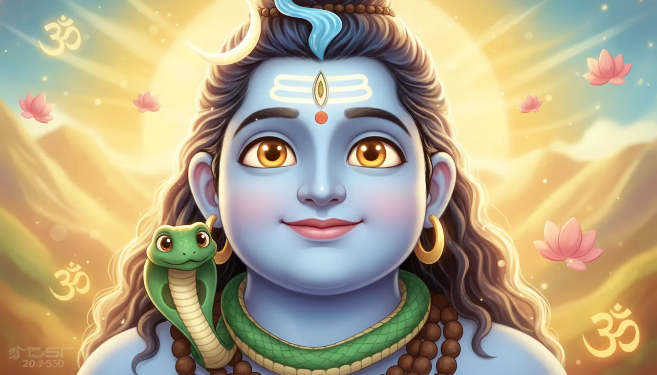 Cute animated Lord Shiva face with a gentle smile and golden eyes HD.