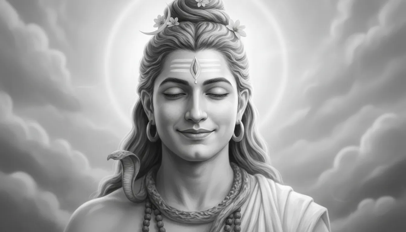 A gentle and kind black and white portrait of Lord Shiva smiling.
