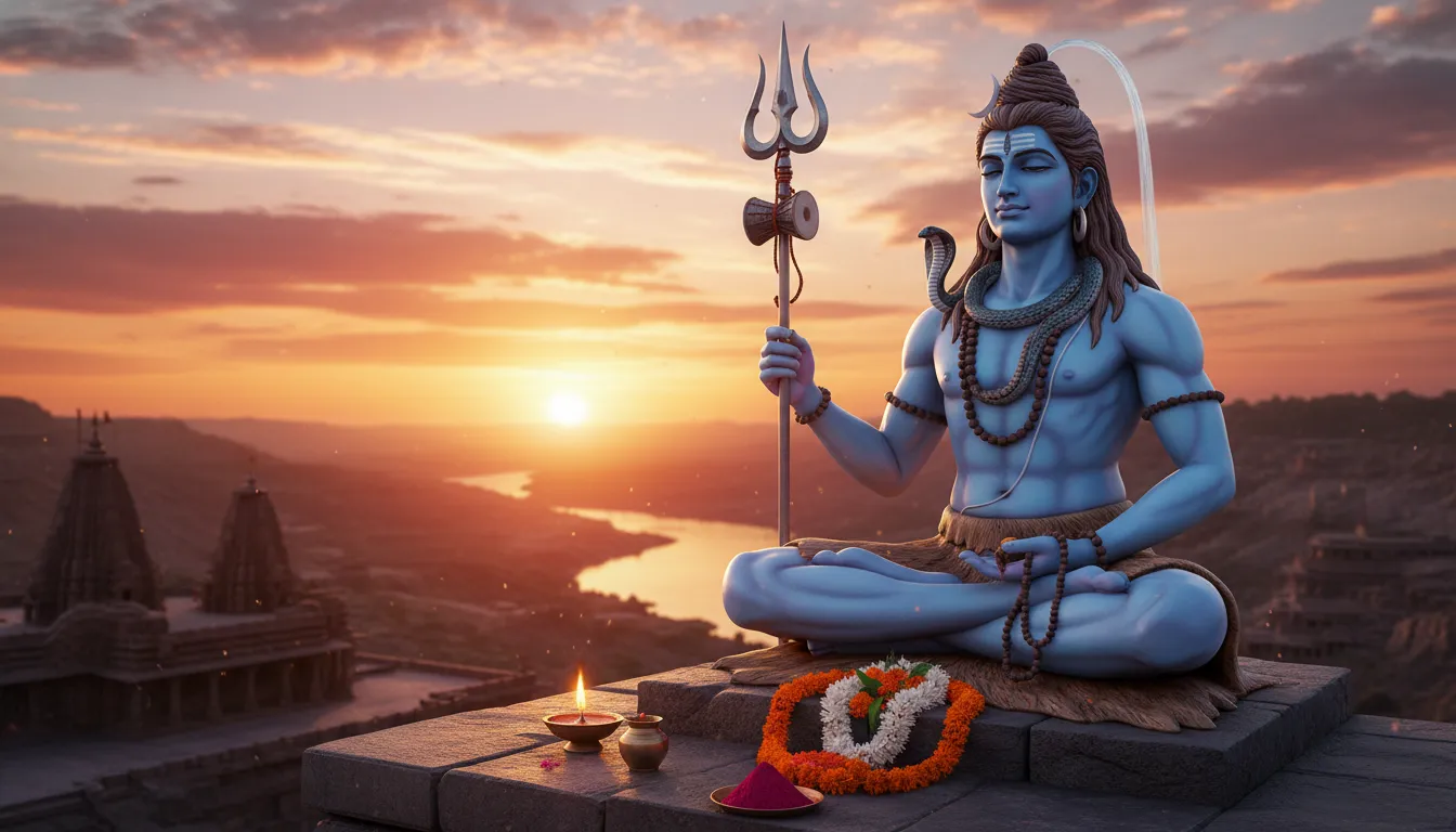 Lord Shiva statue seated with trident, beads, and tiger-skin base against a warm sunset sky.