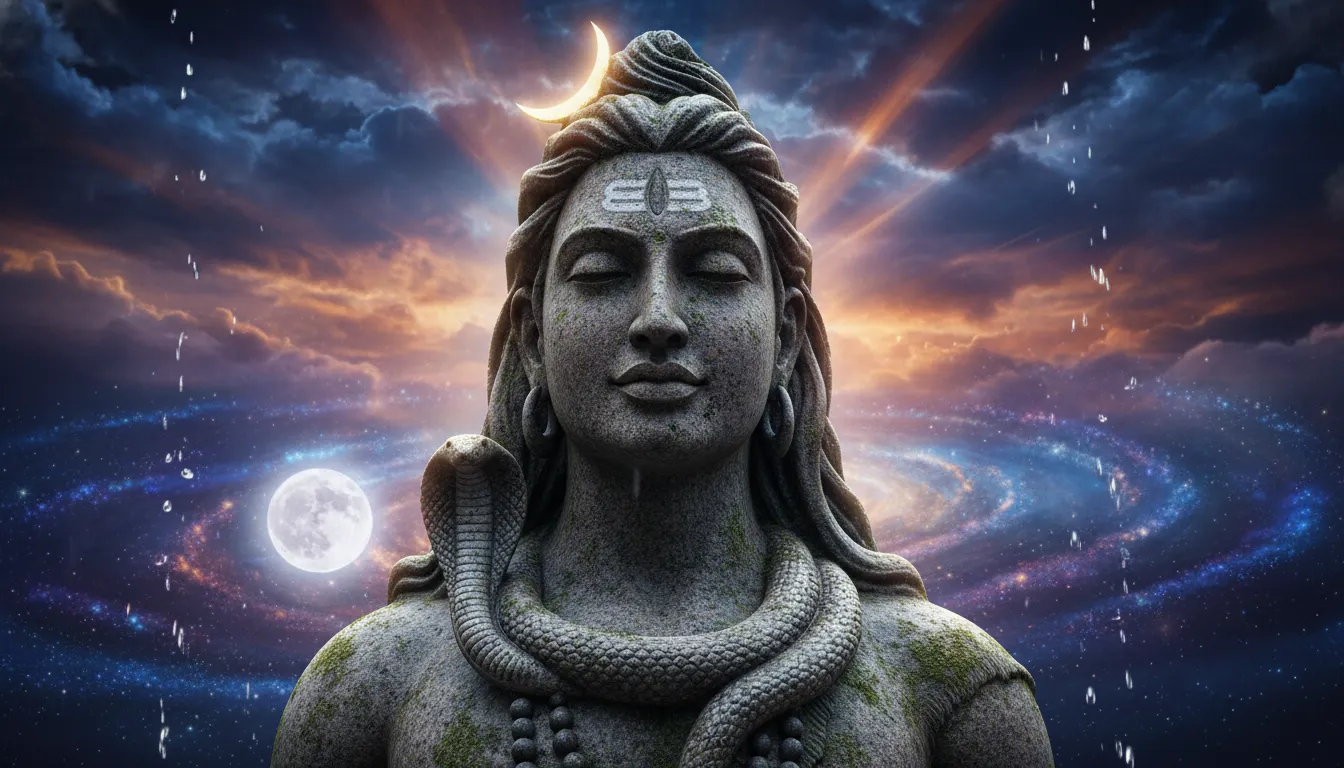 A close-up Lord Shiva statue with a snake around the neck and a bright moon behind dark clouds.