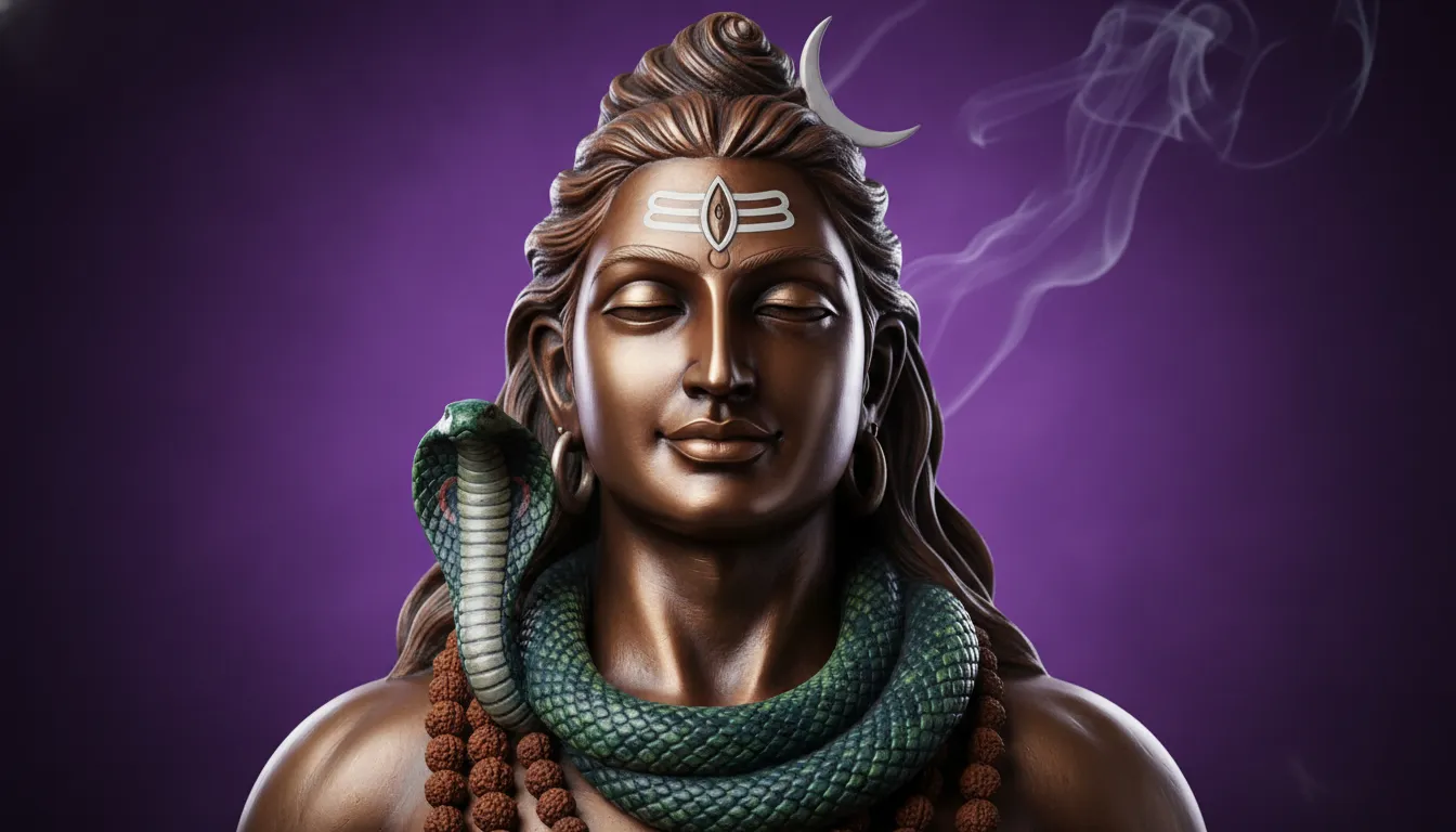 Close-up statue of Lord Shiva with snake, beads, crescent moon, and dramatic purple lighting in the background.
