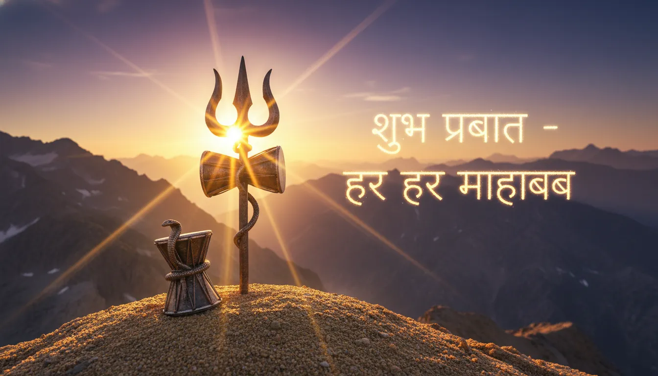 Lord Shiva’s Trishul and Damru with morning sun rays and Hindi text.