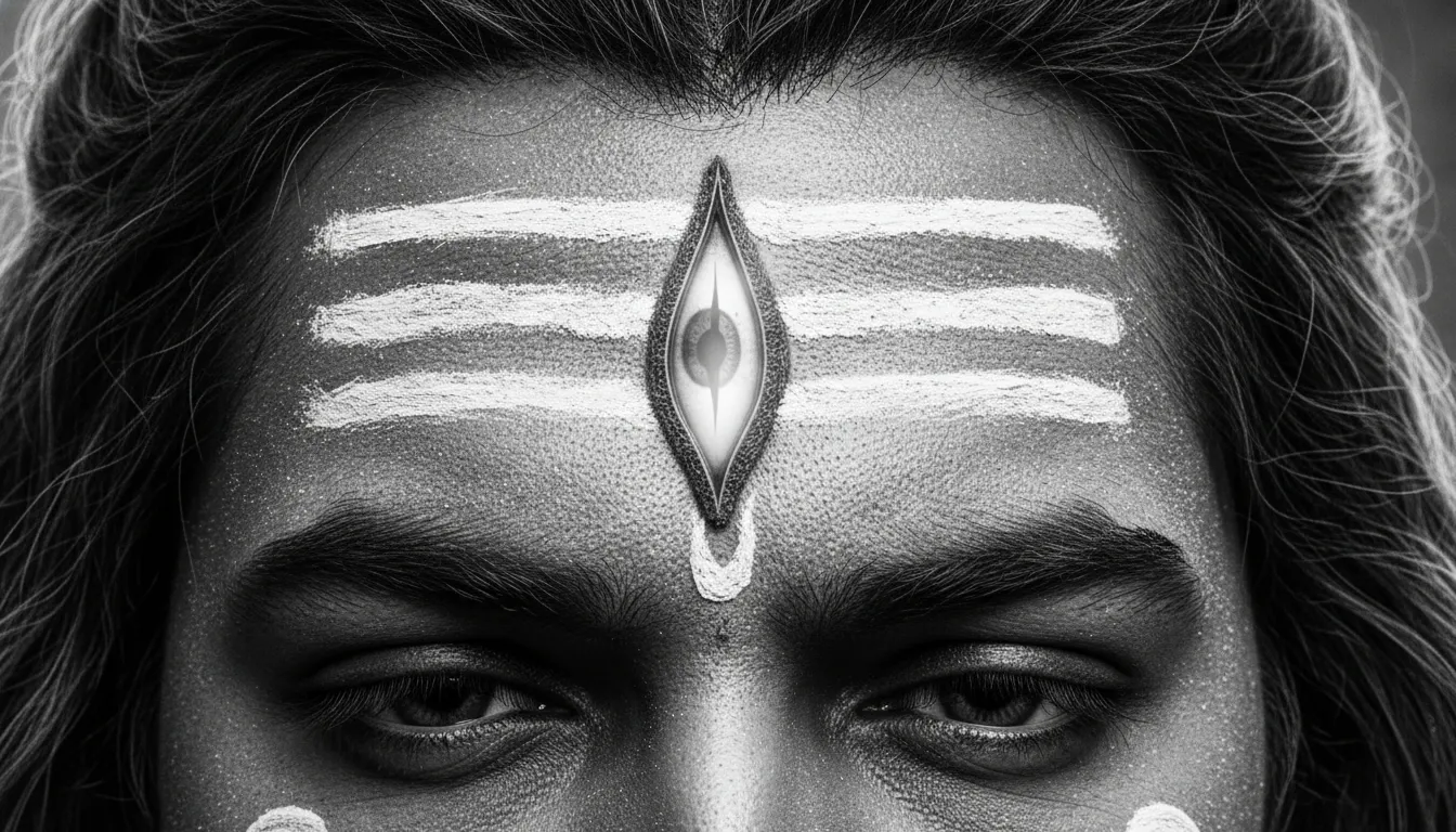 A detailed artistic black and white close-up of Lord Shiva's forehead and third eye.