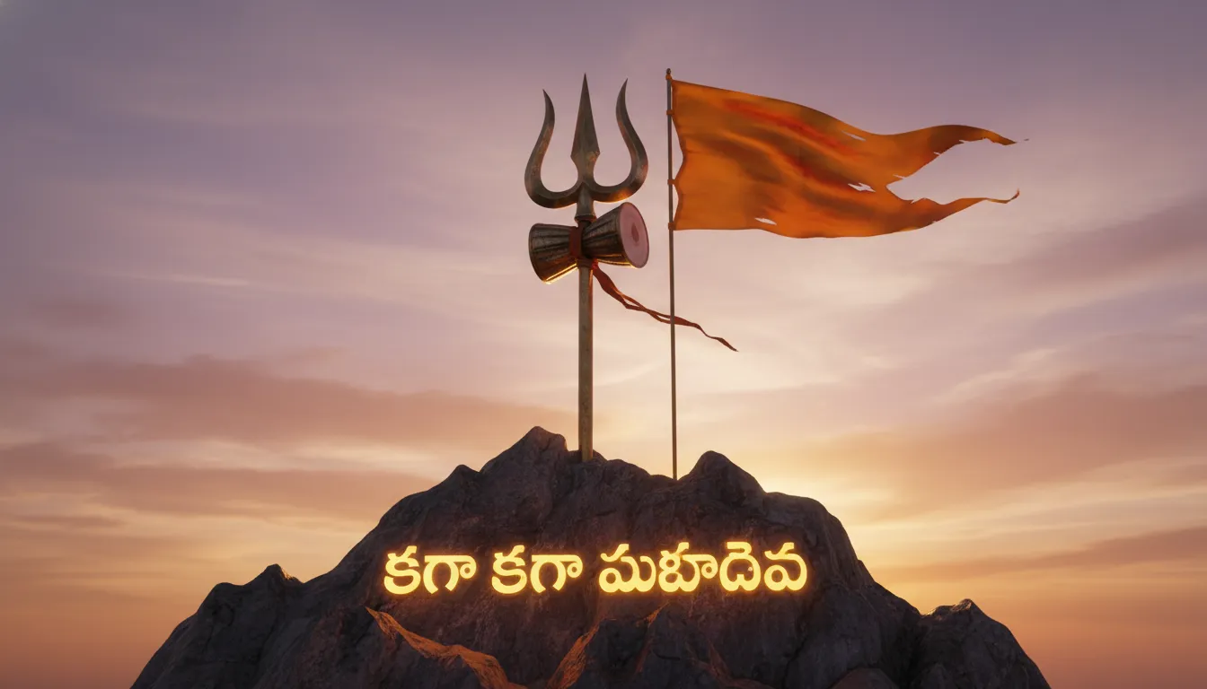 Powerful Trishul of Lord Shiva with morning sun and Telugu text.