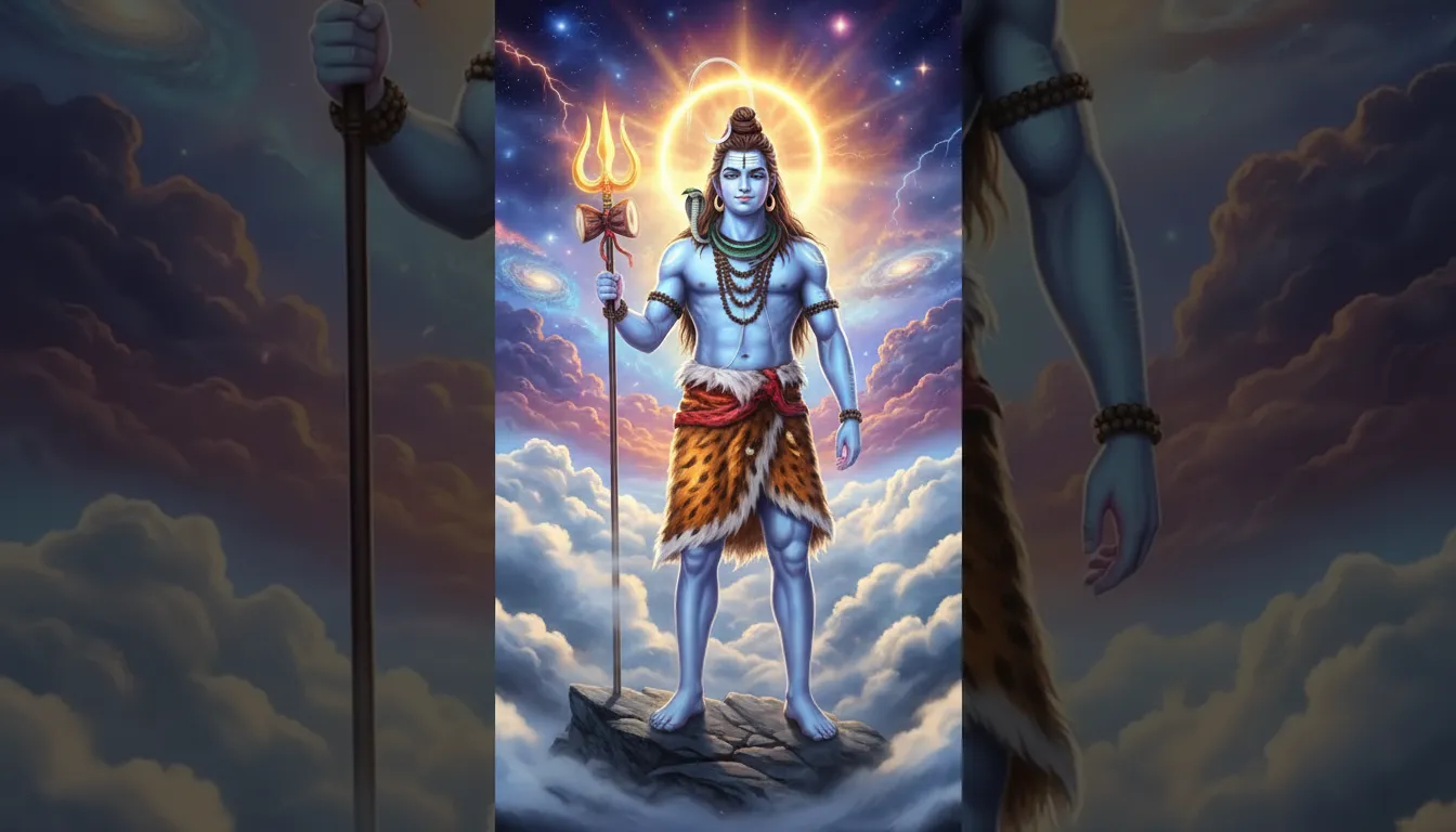 Lord Shiva holding trishul with dramatic spiritual background