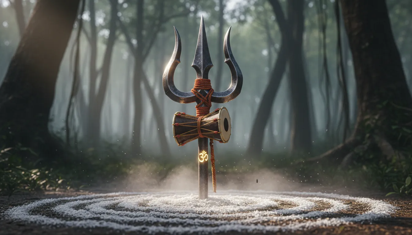 Close up of Lord Shiva’s Trishul with Damru in high resolution.