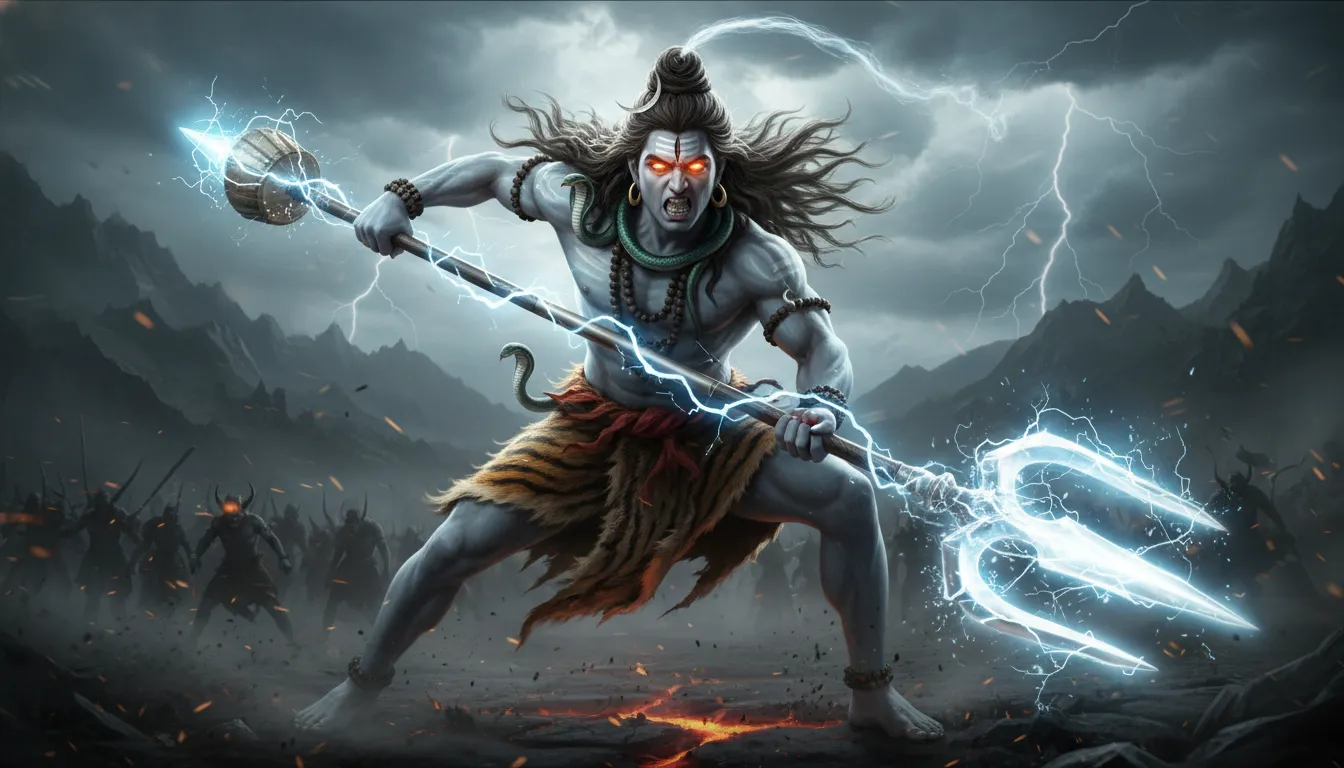 Angry Lord Shiva charging forward with a Trishul in high resolution.