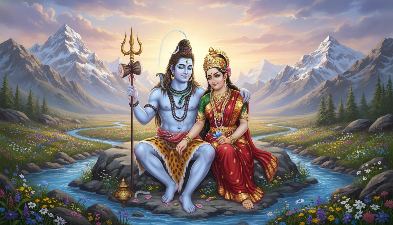 Lord Shiva and Goddess Parvati sitting together in a detailed divine mountain portrait