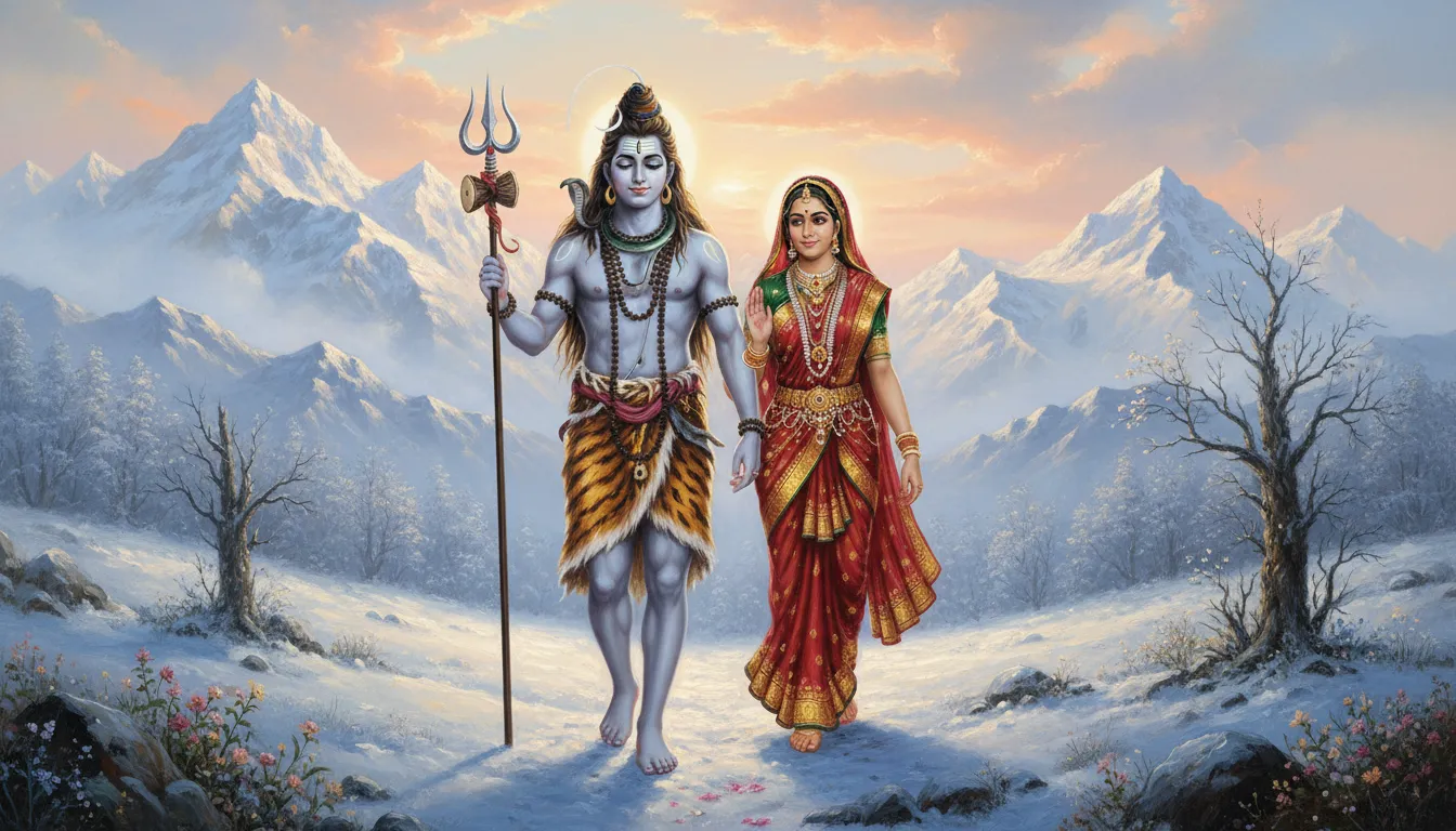 Lord Shiva and Goddess Parvati walking together in snowy Himalayan mountains with divine peaceful energy