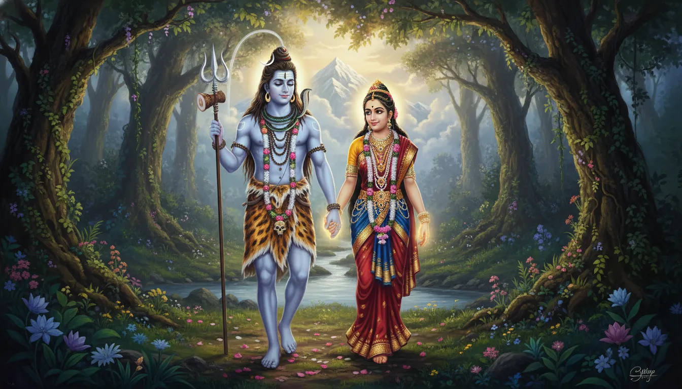 Lord Shiva and Goddess Parvati in a divine embrace, symbolizing eternal love and unity.