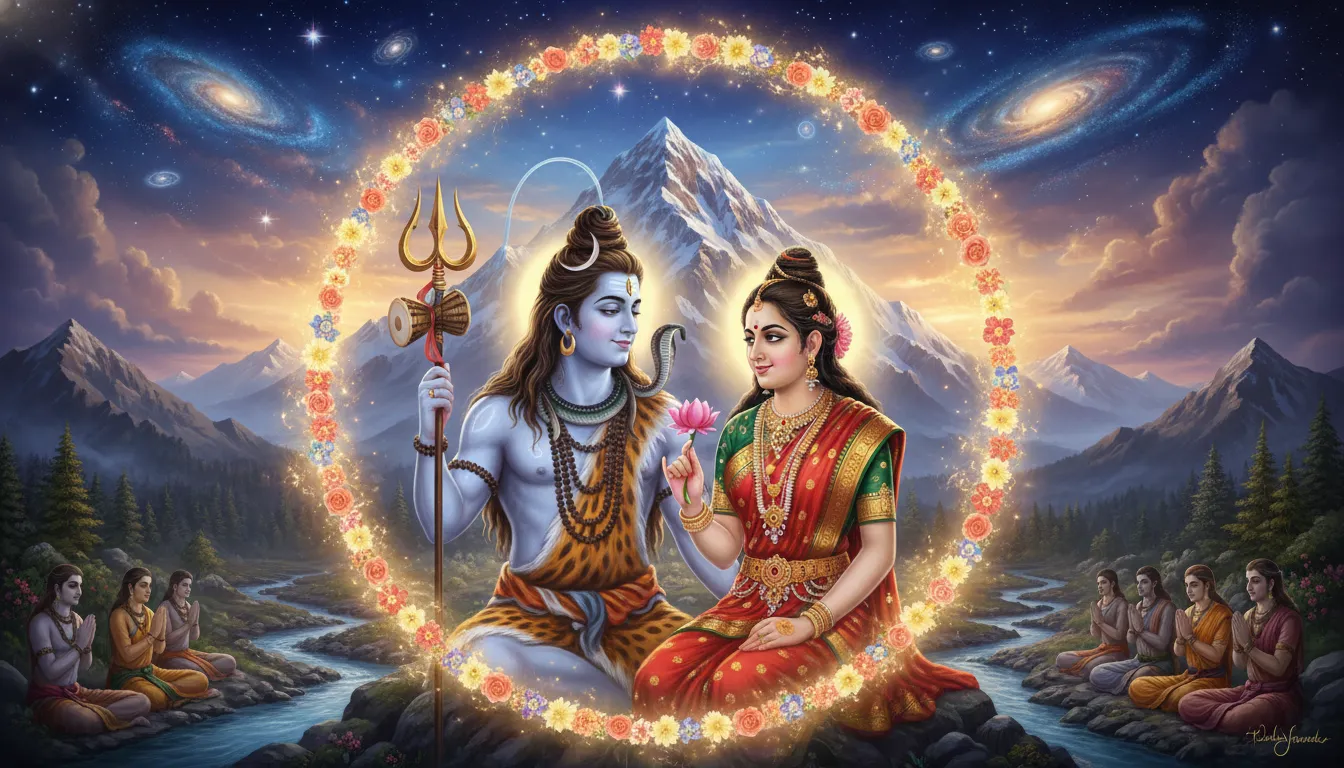 Lord Shiva and Goddess Parvati in a divine union, glowing with love and devotion.