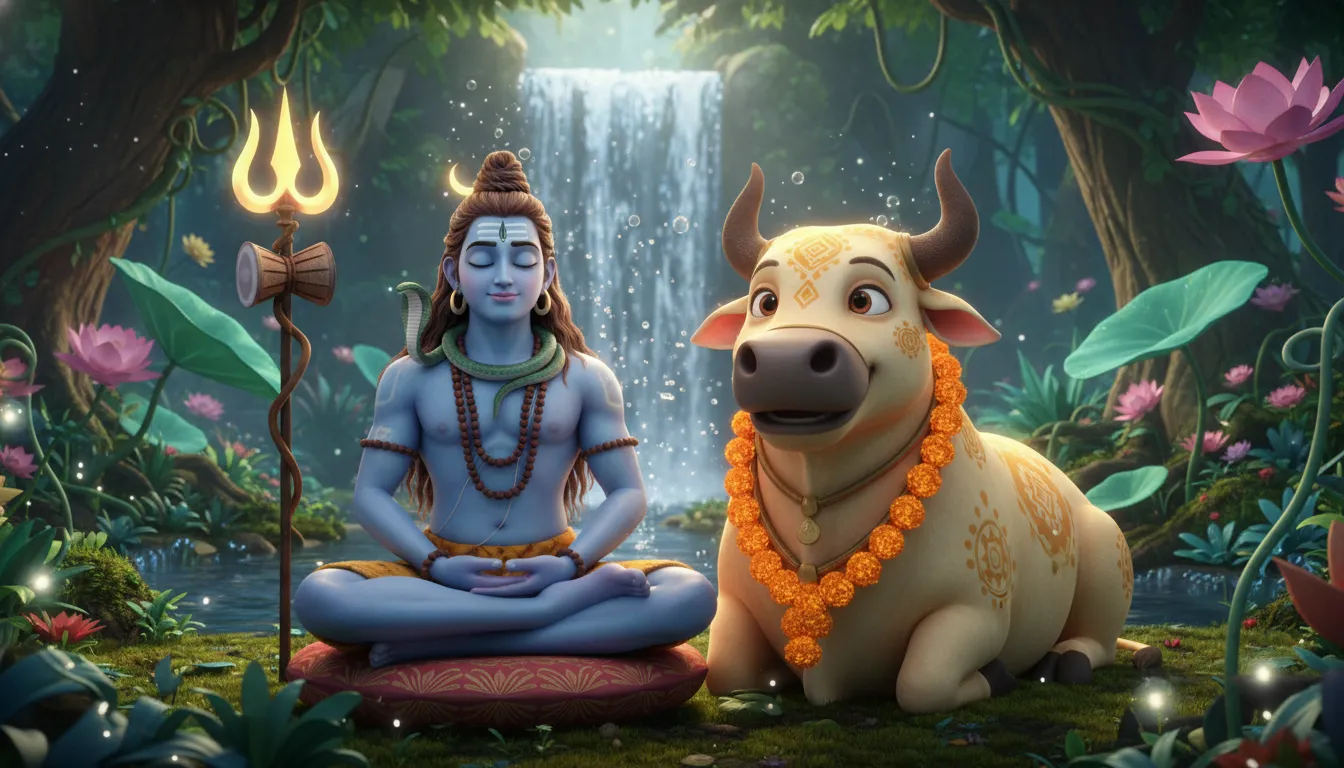 Animated 3D Lord Shiva sitting next to a cute Nandi bull in a forest.