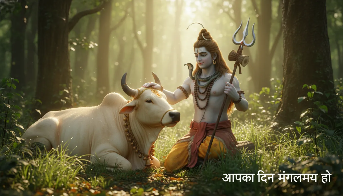 Beautiful morning scene of Lord Shiva with Nandi and Hindi morning wishes.