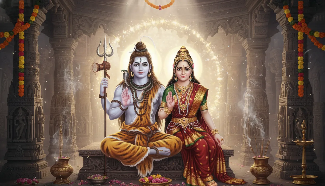 Lord Shiva and Parvati giving blessings in a spiritual setting