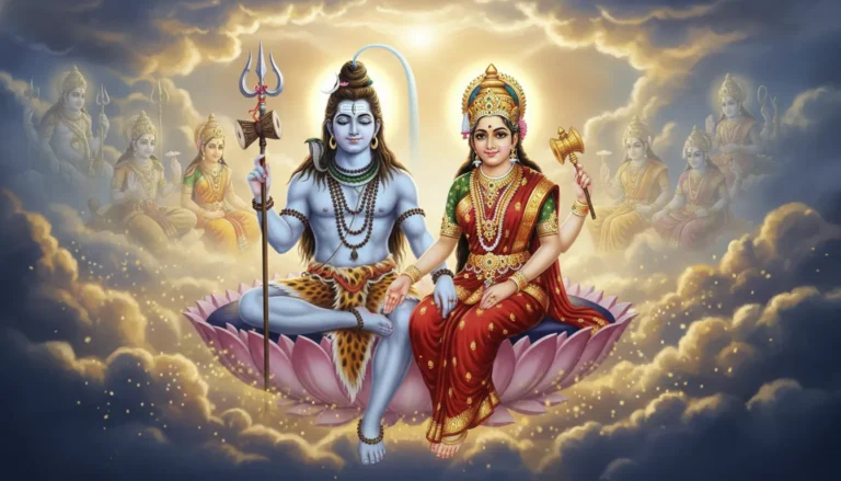 Lord Shiva and Parvati in a celestial spiritual background