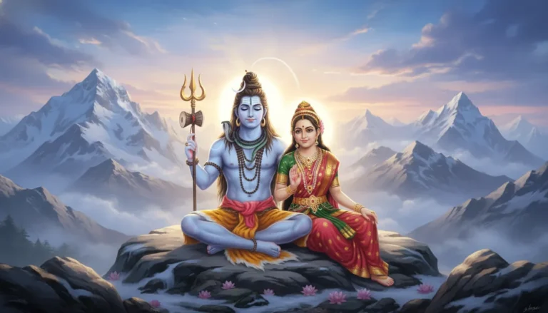 Lord Shiva and Parvati sitting together in a peaceful divine setting