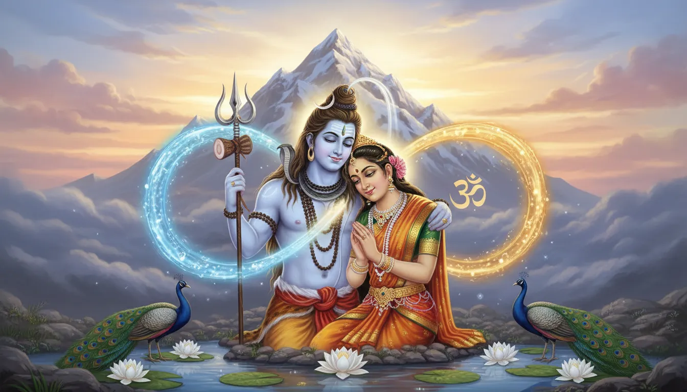 Lord Shiva and Goddess Parvati together in divine romantic spiritual artwork