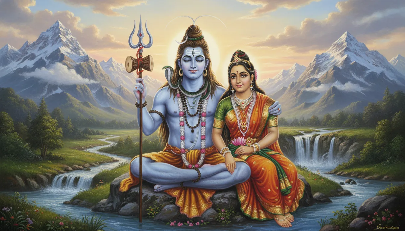 Lord Shiva and Parvati seated together in a peaceful Himalayan setting