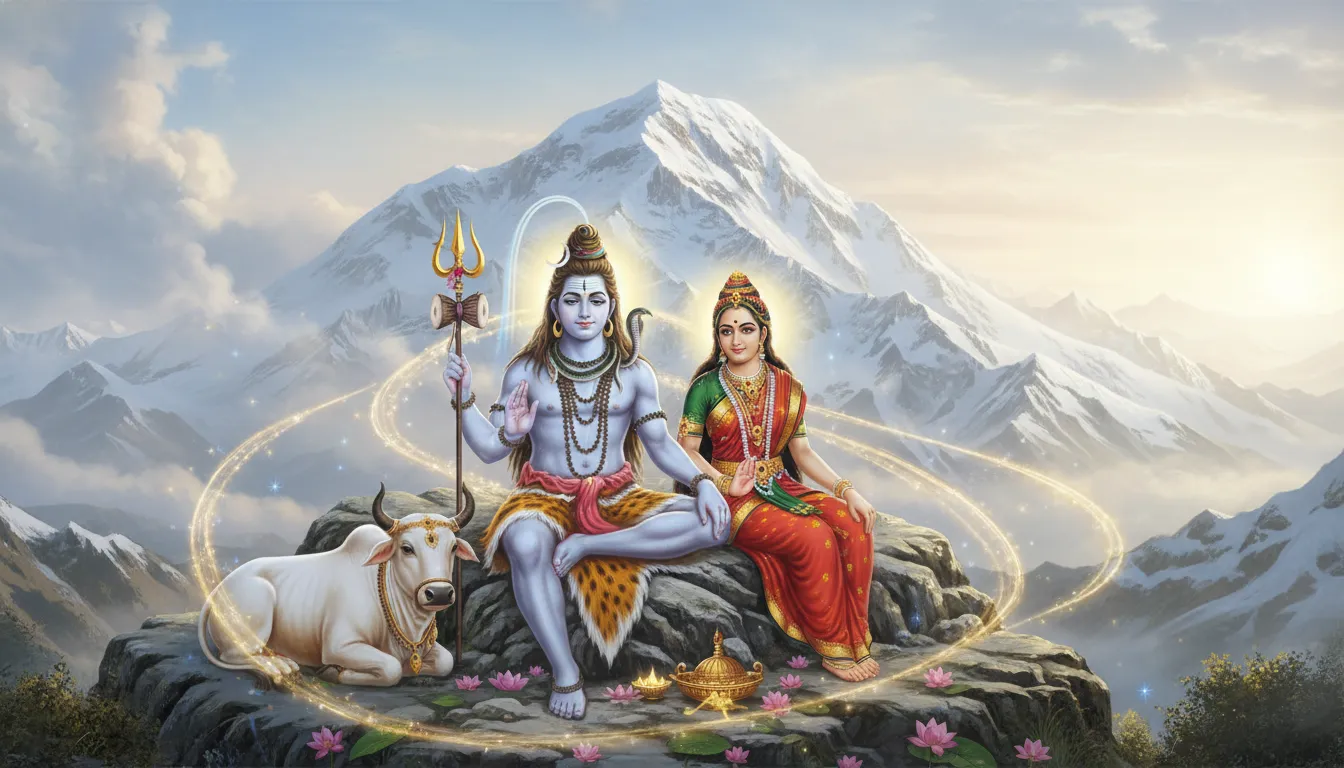 Lord Shiva and Parvati near Mount Kailash in a devotional scene
