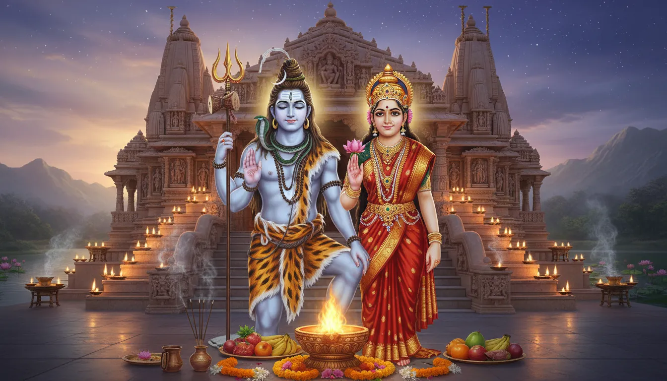 Lord Shiva and Parvati with a beautiful temple background