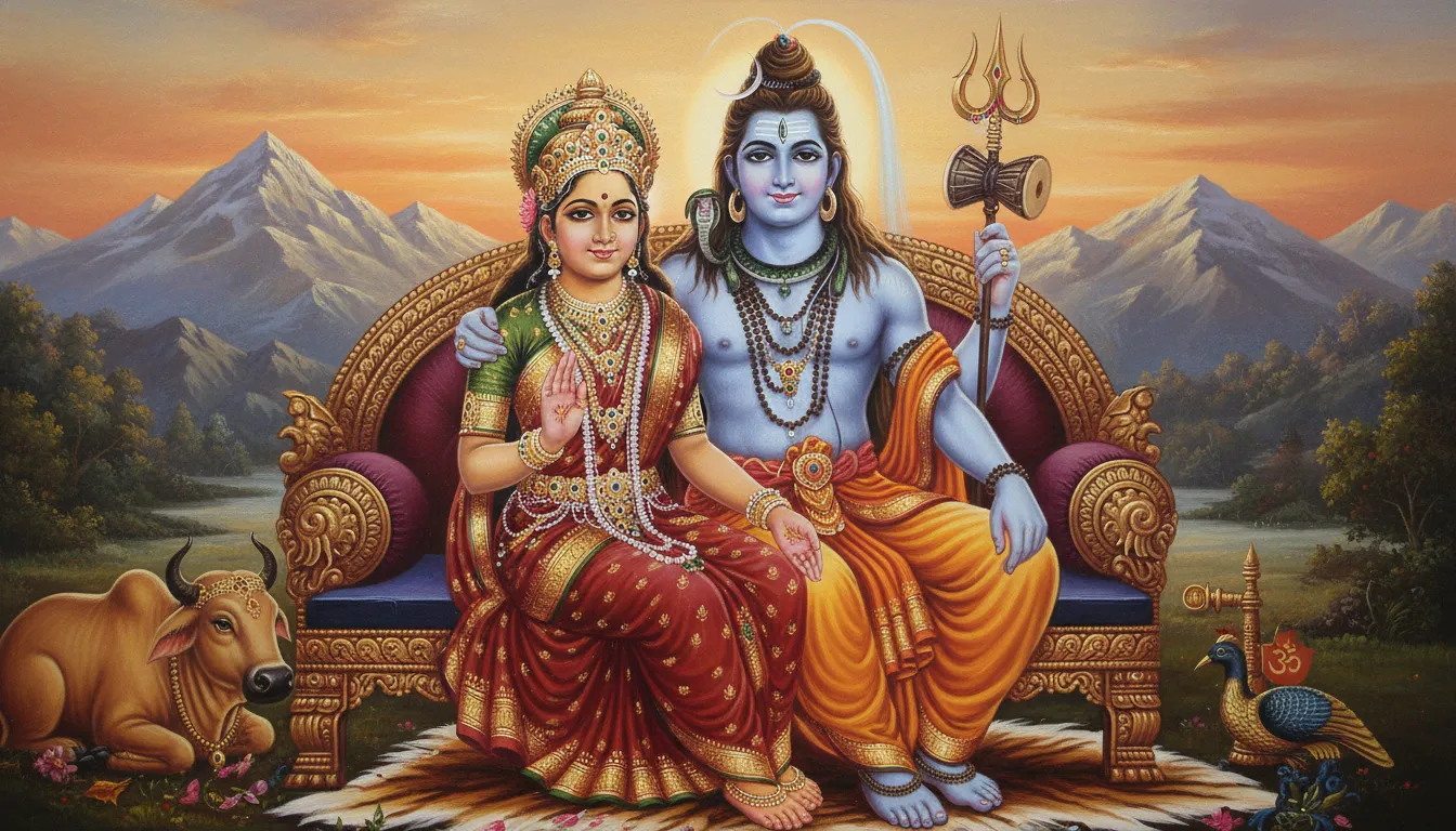 Traditional artwork of Lord Shiva and Parvati sitting together