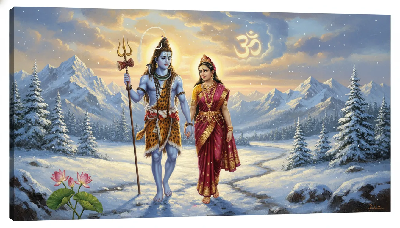 Lord Shiva and Goddess Parvati walking together in snowy mountains divine