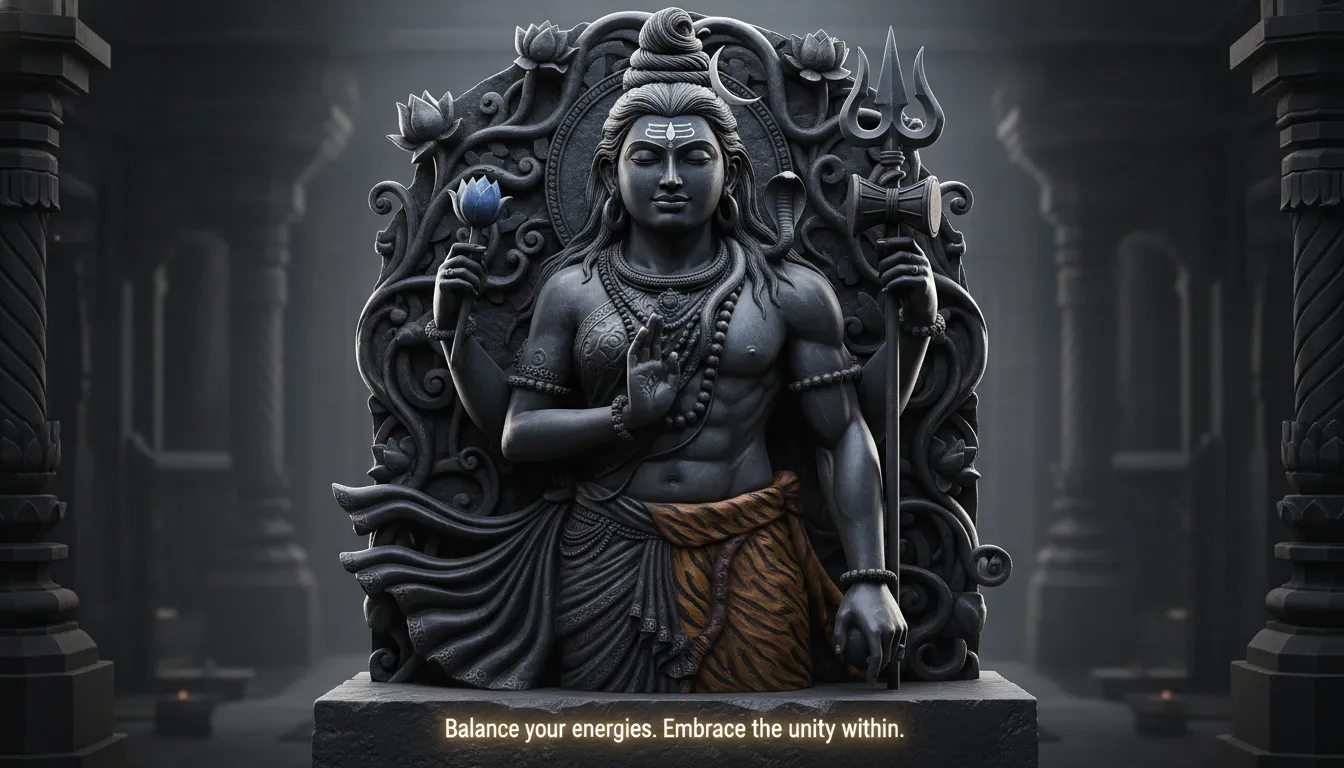 An intricate sculpture-style digital image showing Lord Shiva as Ardhanarishvara, with one half being Shiva and the other half Goddess Parvati.