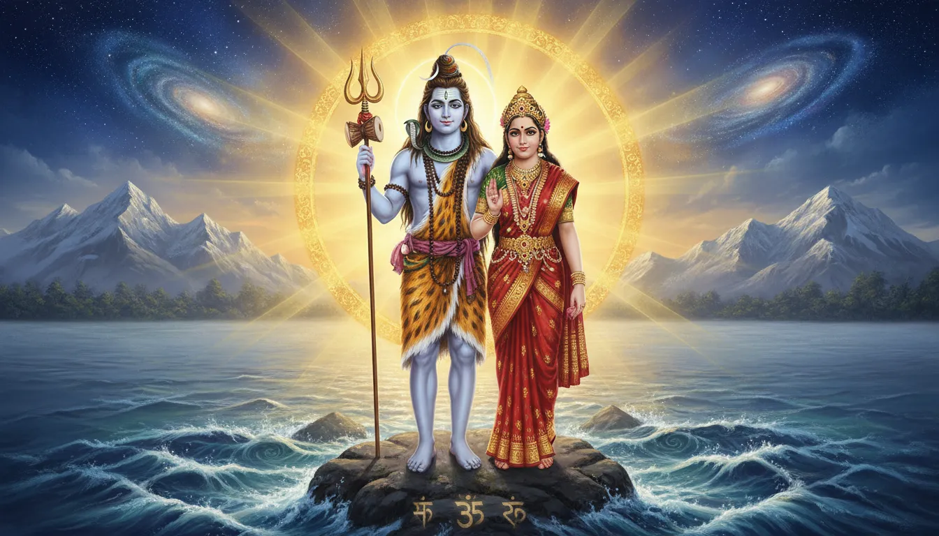 Lord Shiva and Parvati standing together with a glowing spiritual background