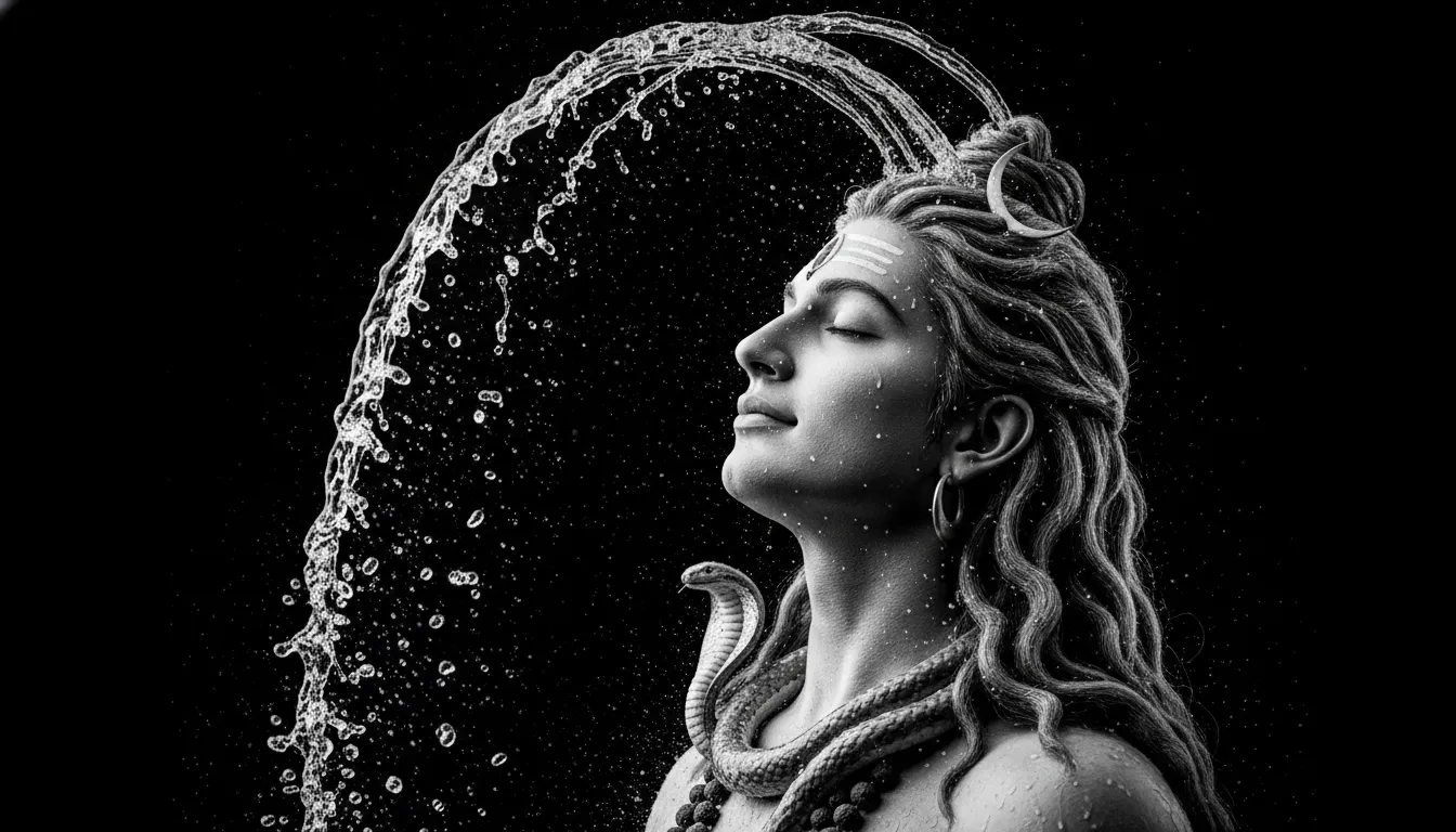 Black and white image of water flowing from Lord Shiva’s hair.