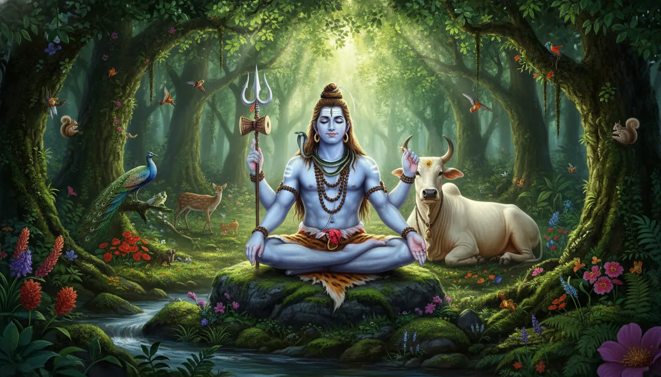 Lord Shiva sitting in a lush green forest with a bull (Nandi) nearby, HD wallpaper for download.