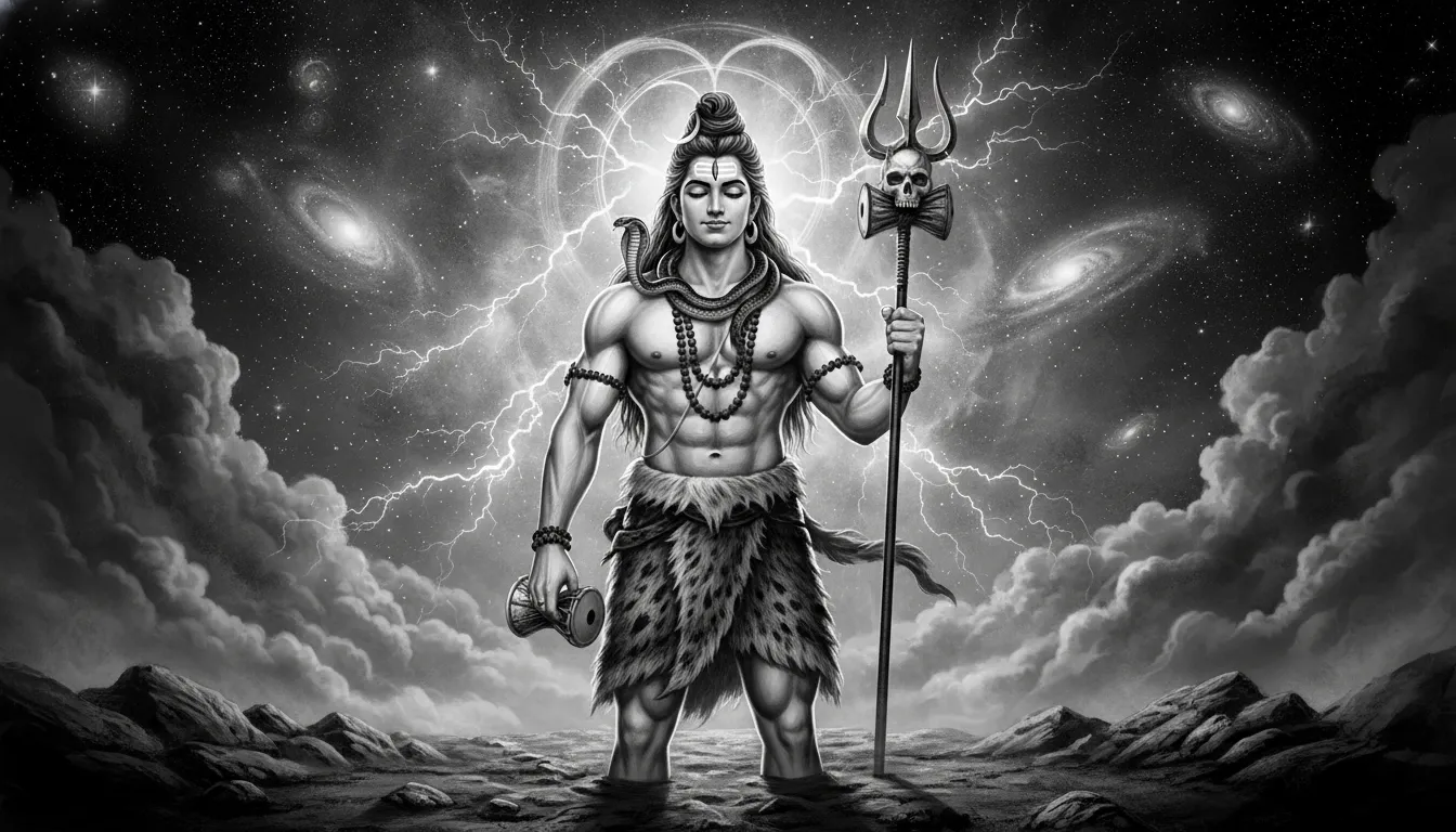 Lord Shiva holding trident in HD black and white artwork
