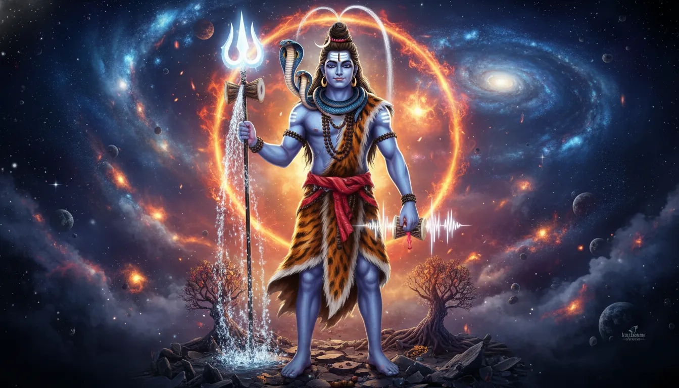 Shiva standing with a trident, adorned with a serpent around his neck, radiating divine strength.