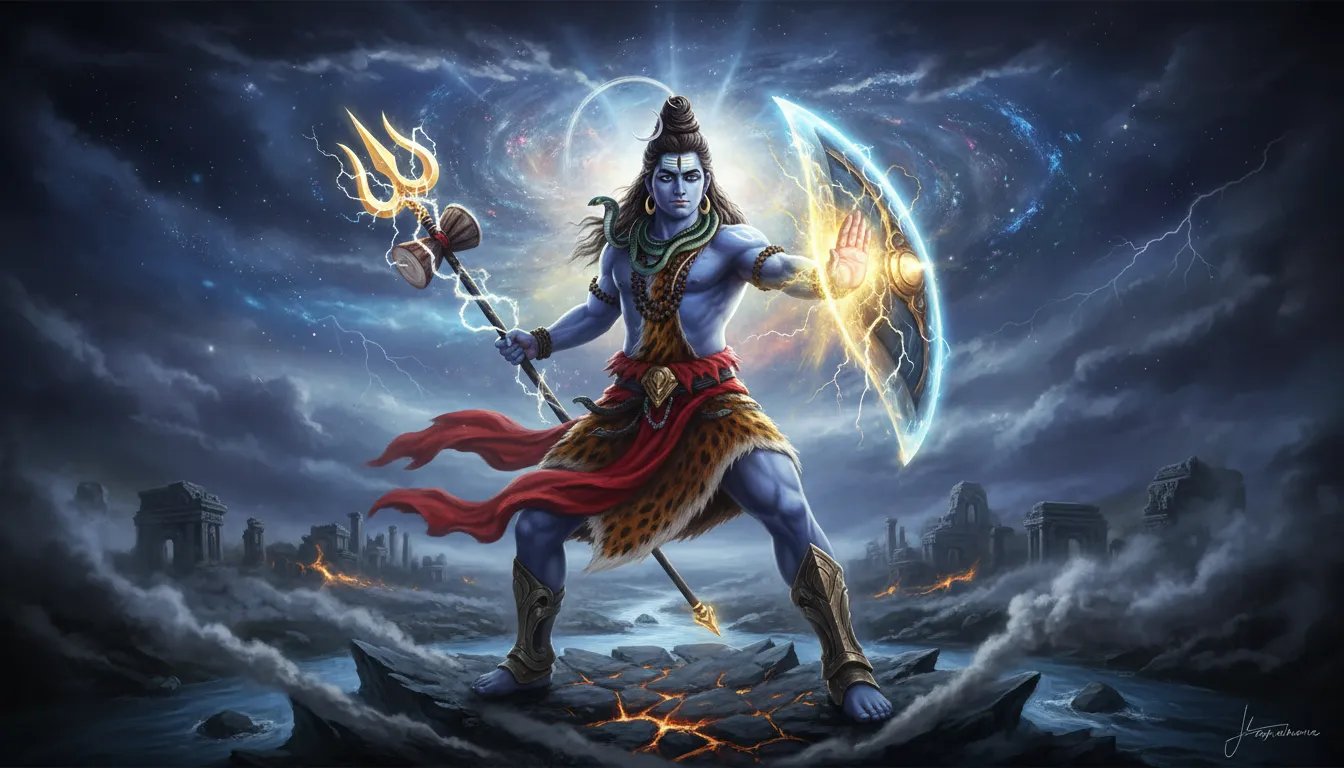 Lord Shiva in a powerful pose with his trident, surrounded by divine aura and cosmic power.