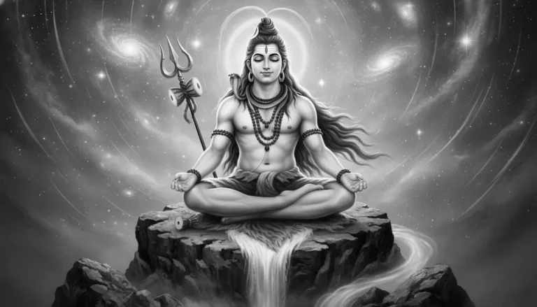 Lord Shiva meditating in black and white HD style