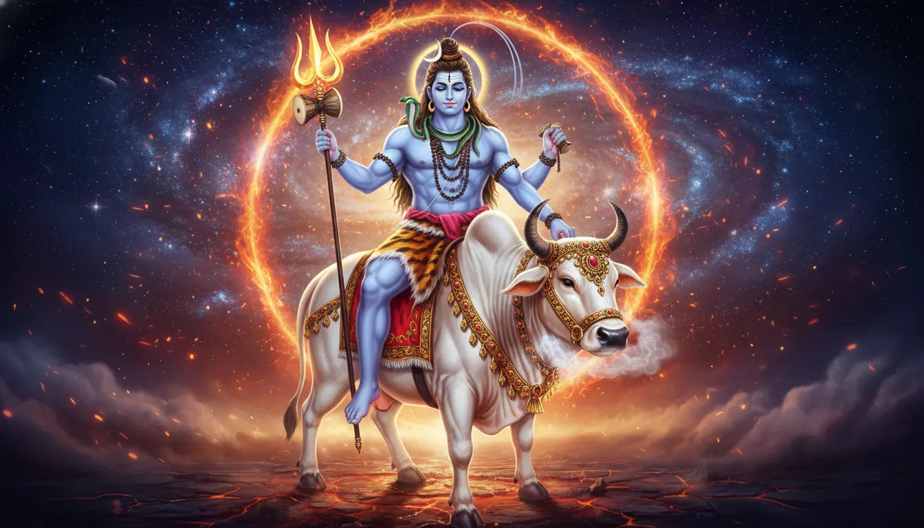 Lord Shiva rides Nandi, his sacred bull, holding a trident and showcasing divine strength.