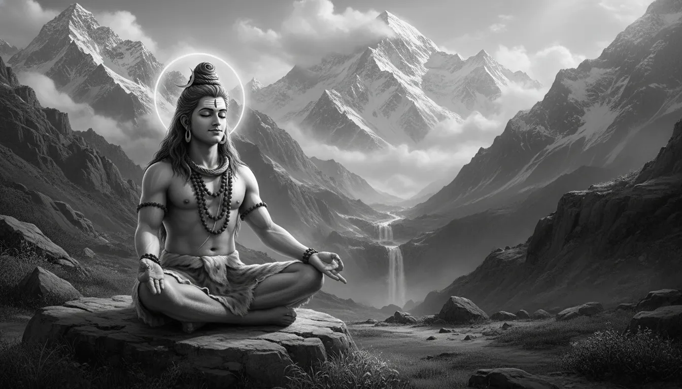 Lord Shiva sitting near mountains in black and white HD image