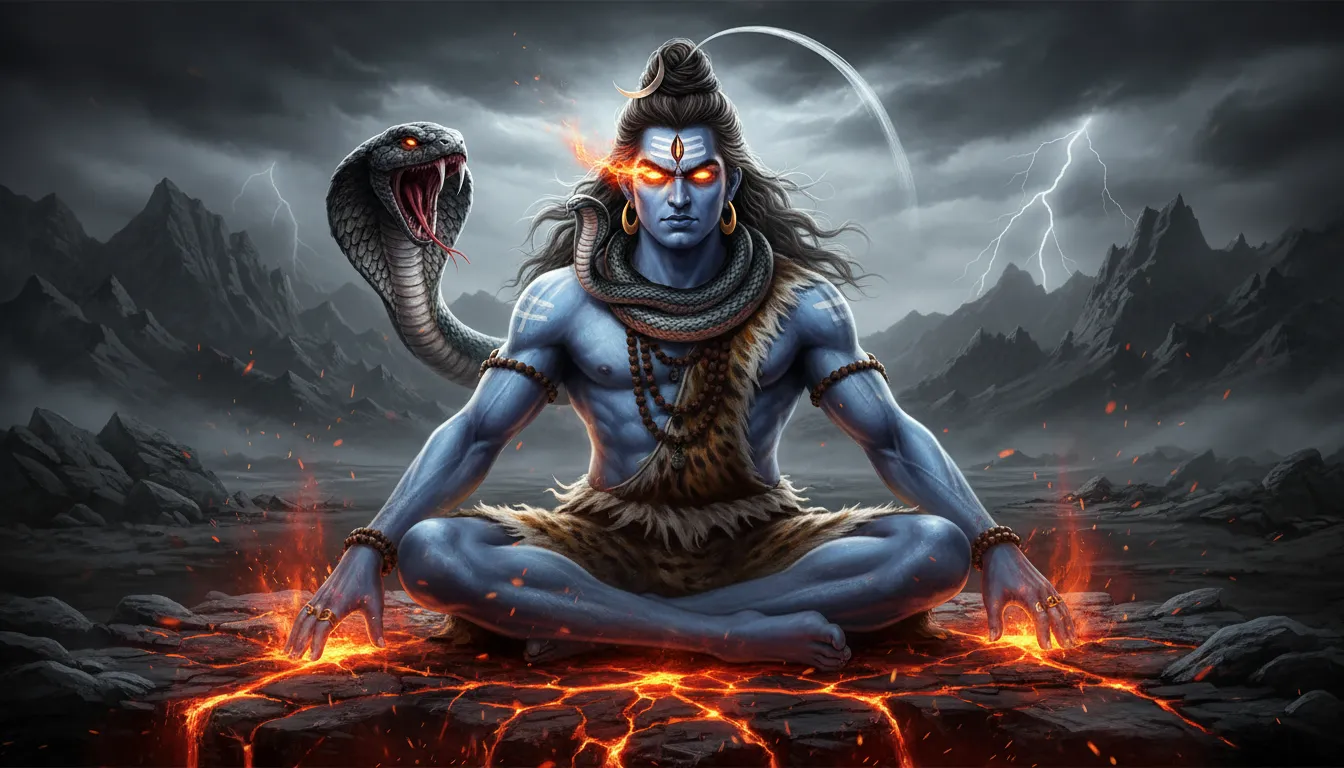 Lord Shiva in anger with the cobra around his neck ready to strike.