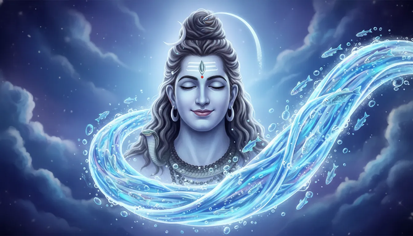 Water flowing from Lord Shiva’s hair in a magical animated style.