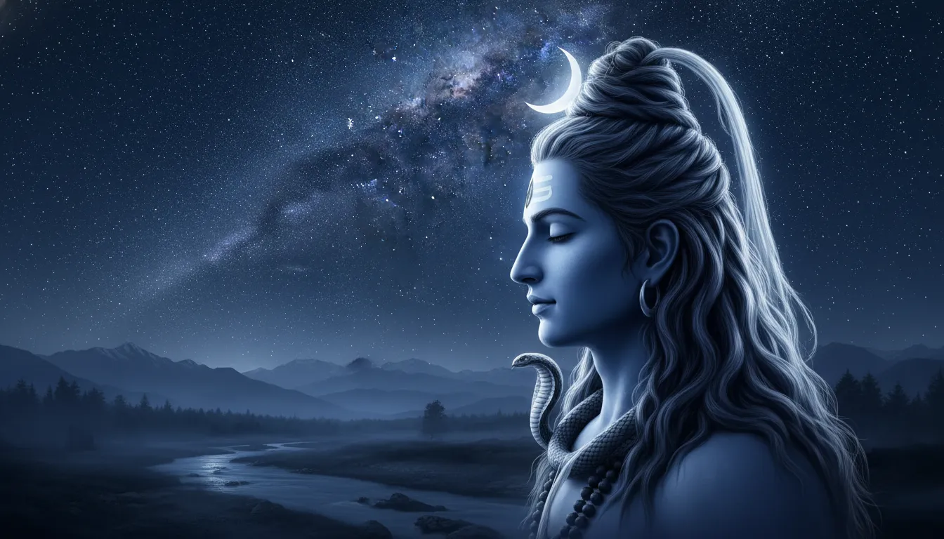 Lord Shiva’s profile view showing the crescent moon in his hair and the night sky, 1080p HD wallpaper.