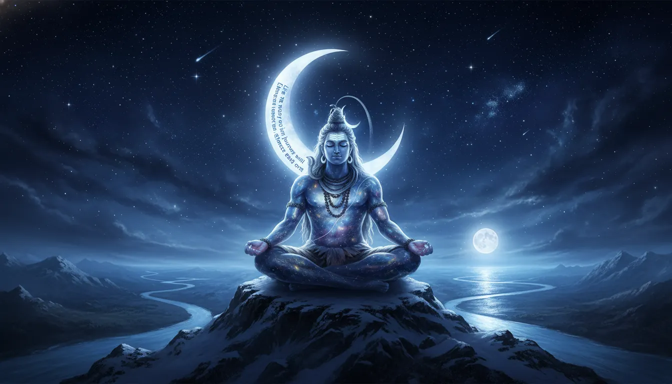 A magical, surreal digital painting of Lord Shiva sitting on a mountain peak at night, with a large, glowing crescent moon in His matted hair.