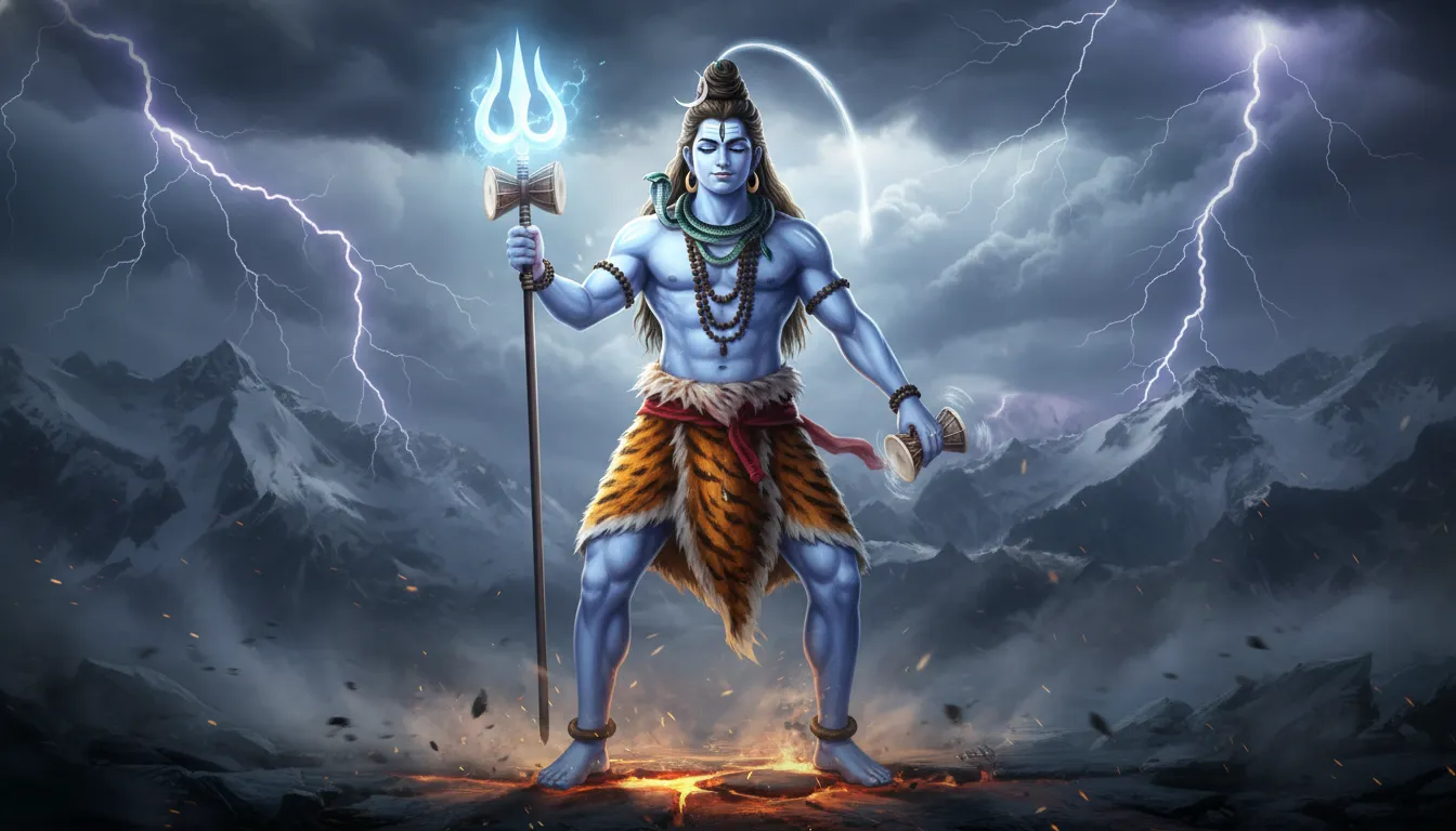 Lord Shiva standing with a glowing Trishul in one hand and Damru in the other, high-resolution 1080p.