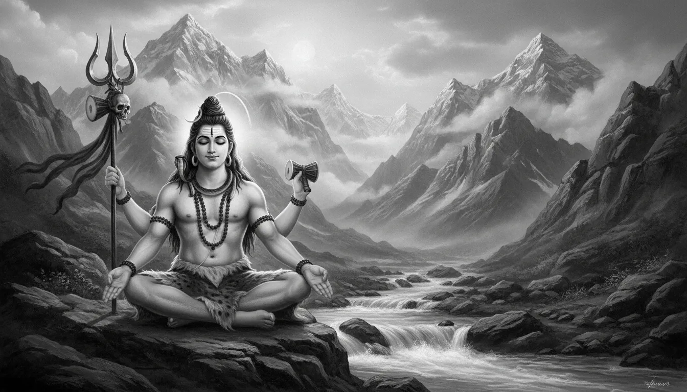 Lord Shiva holding damru and trident while sitting in meditation near mountains