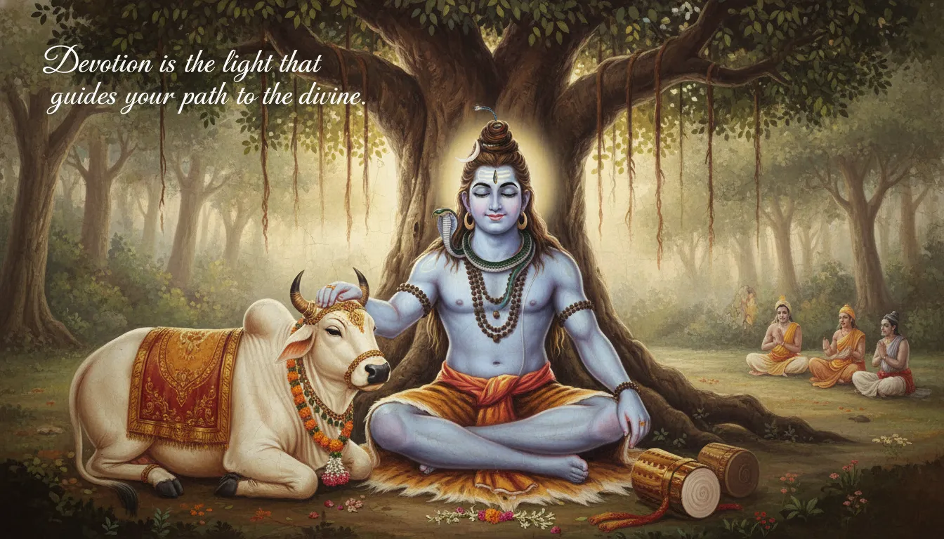 A gentle, traditional Indian style painting of Lord Shiva sitting and petting Nandi, the white bull, at His side.