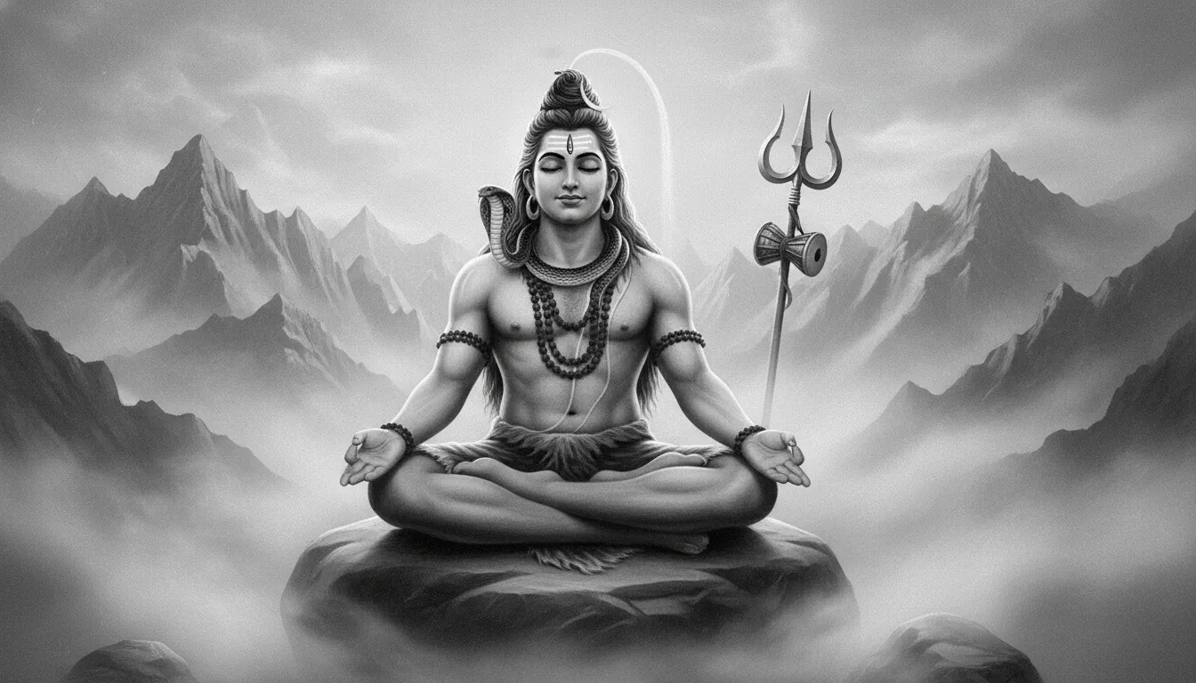 Lord Shiva meditating with a serpent around his neck and trident nearby