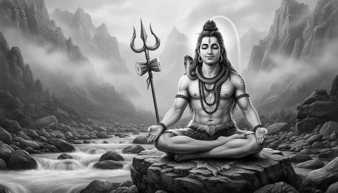 Lord Shiva with serpent around neck and trident in a black and white mountain scene