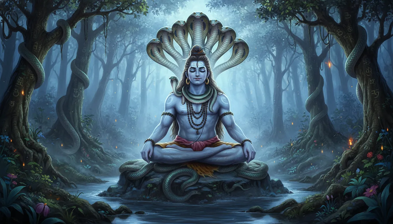 lord shiva surrounded by cobras in forest spiritual hd wallpaper
