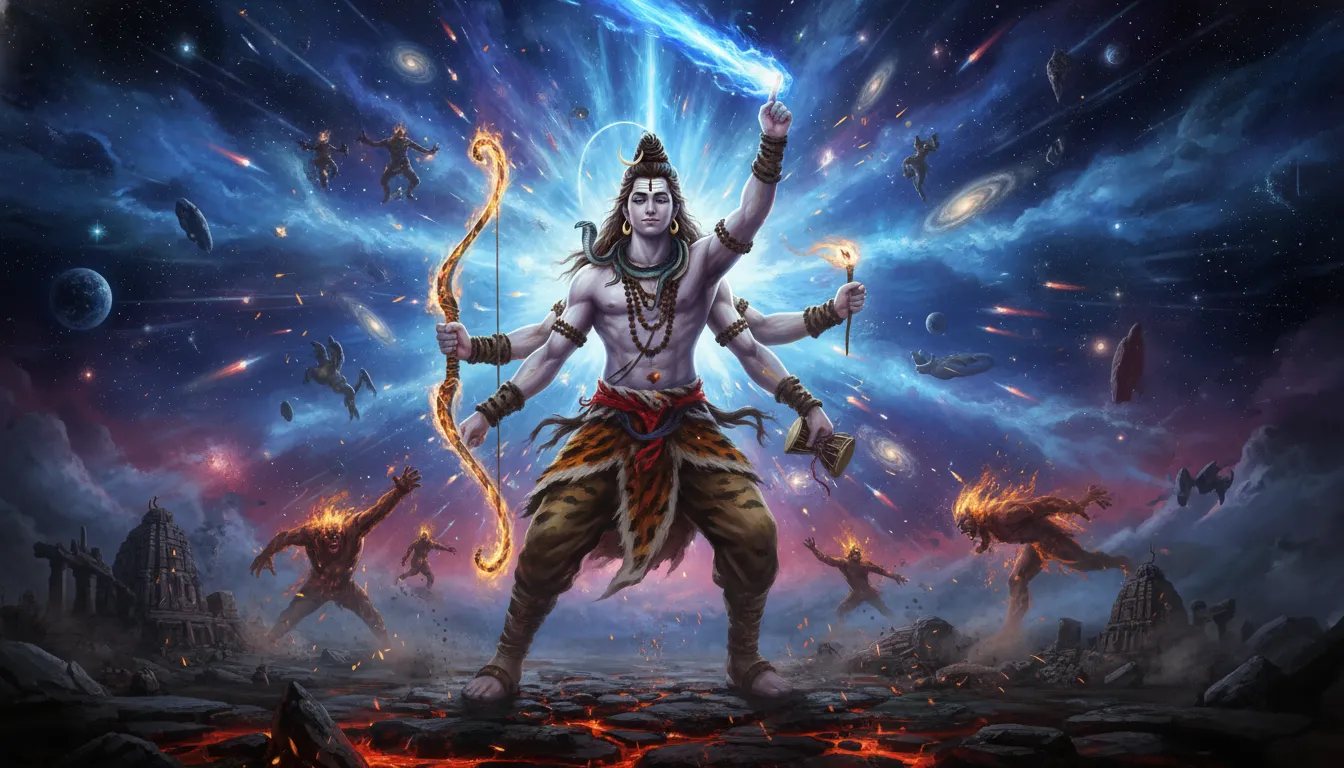 Shiva standing in a battle stance with a trident, exuding cosmic power and energy.