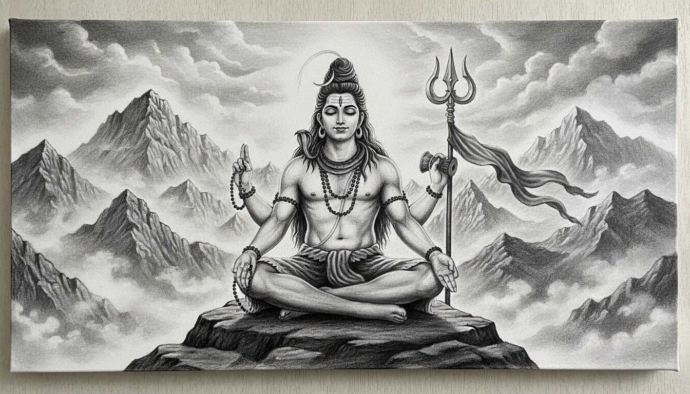 Lord Shiva meditating beside a trident in a black and white mountain landscape