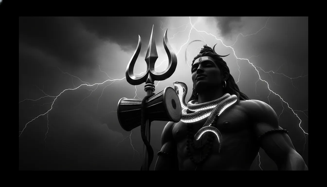 Lord Shiva holding his majestic Trishula (trident) against a dark, stormy sky.