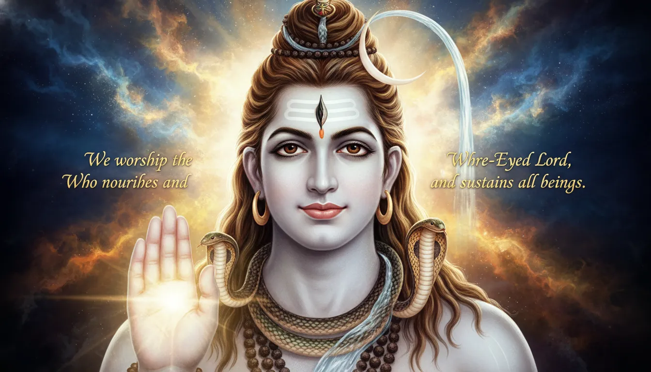 A powerful, photorealistic image of Lord Shiva’s face as He raises His hand in blessing, with the Mahamrityunjaya Mantra written in English.